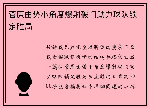 菅原由势小角度爆射破门助力球队锁定胜局