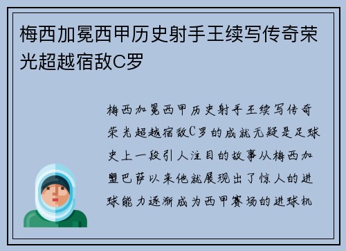 梅西加冕西甲历史射手王续写传奇荣光超越宿敌C罗