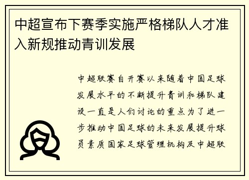 中超宣布下赛季实施严格梯队人才准入新规推动青训发展 中超宣布下赛季实施严格梯队人才准入新规推动青训发展