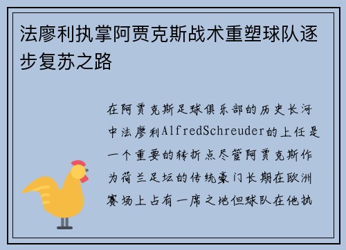 法廖利执掌阿贾克斯战术重塑球队逐步复苏之路 法廖利执掌阿贾克斯战术重塑球队逐步复苏之路